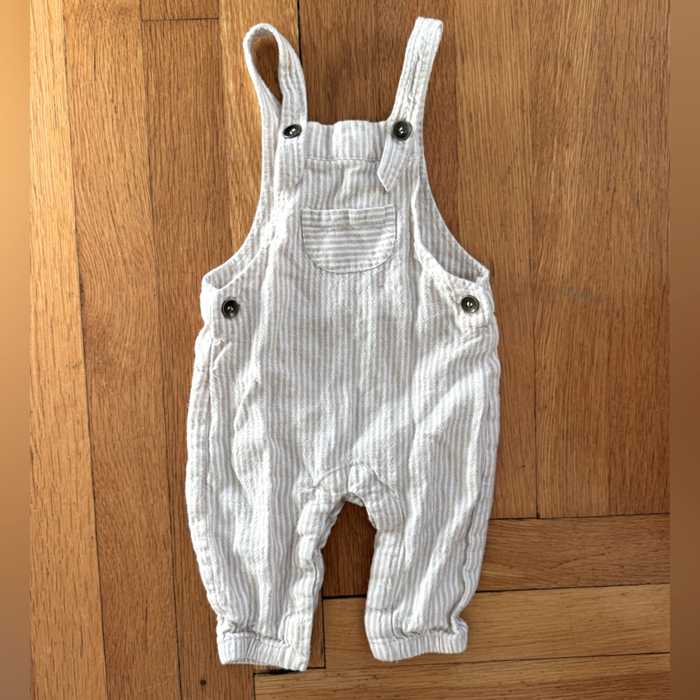 Adorable linen tan and white striped overalls by Rylee and Cru